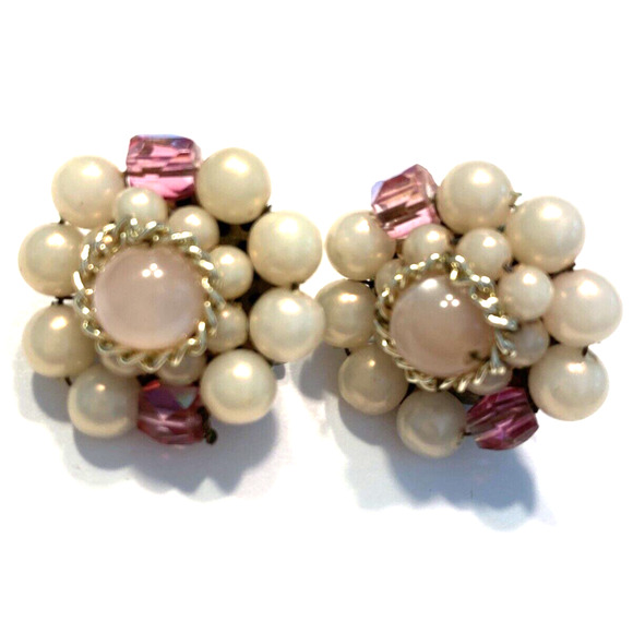 Vintage Jewelry - Vintage Mid Century Clip On Earring Pink Purple Faux Pearl Clusters Marked Japan